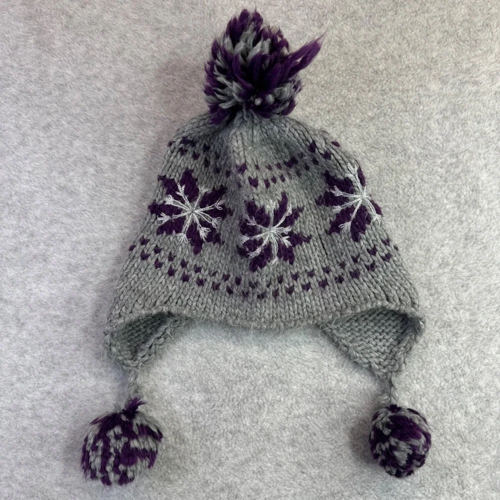 Joe‎ Fresh Kids Knit Trapper Hat Grey Purple Snowflake Pom Pom Ear Flap L XL